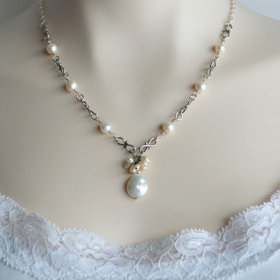 Pearl and Sterling Silver Wire Wrapped Necklace Bridal Jewelry