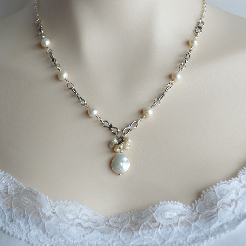 Pearl and sterling silver wire wrapped necklace, bridal jewelry, wedding jewelry, Mothers Day image 1