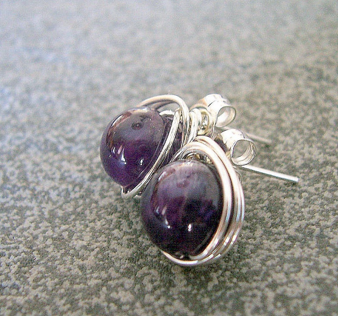 Amethyst and Sterling Silver Stud Earrings, Post Earrings, February
