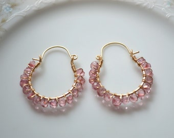 Pink mystic quartz and gold wire wrapped hoop earrings, mystic quartz jewelry, gemstone earrings