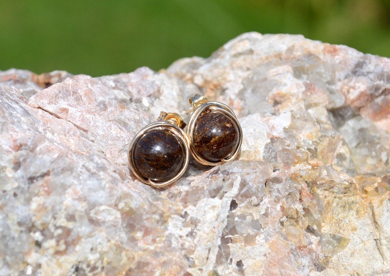 bronzite earrings gold post earrings Bronzite and gold wire wrapped stud earrings bronzite jewelry
