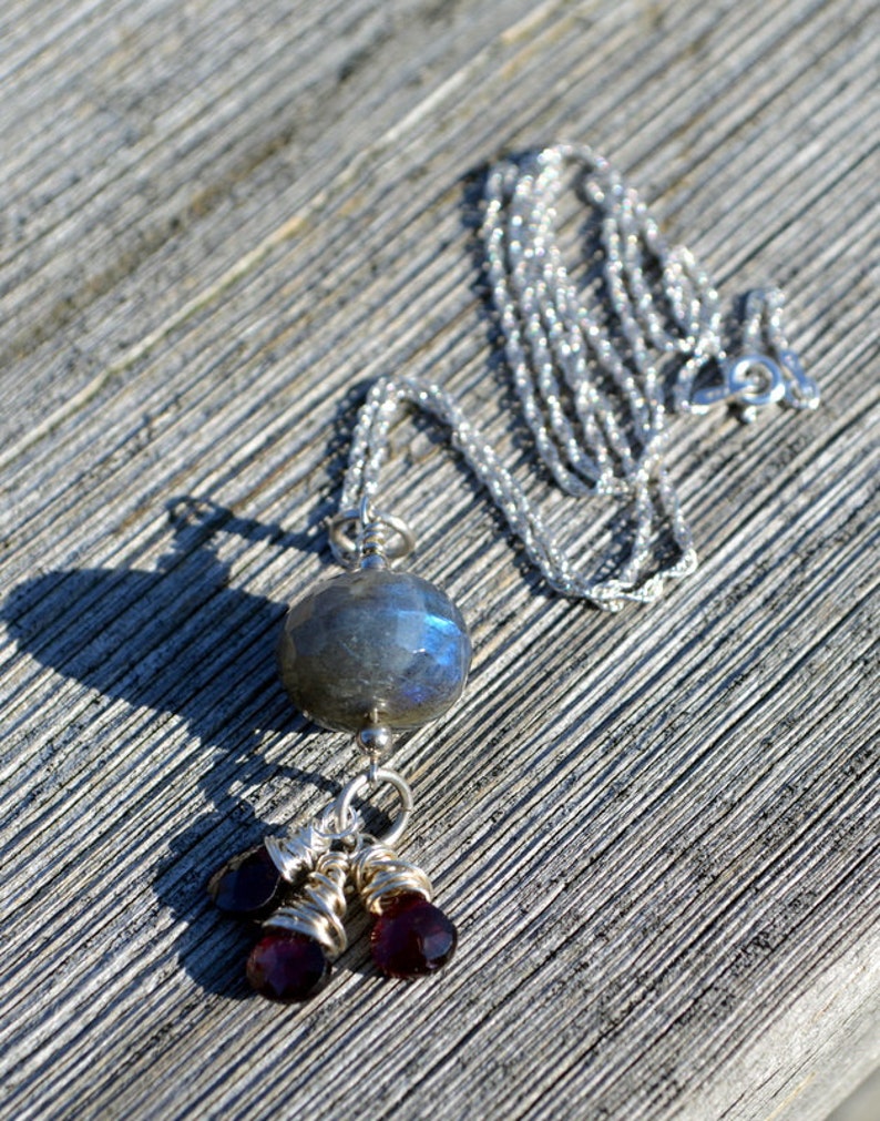 Labradorite and garnet sterling silver necklace, garnet jewelry, genuine gemstone image 3