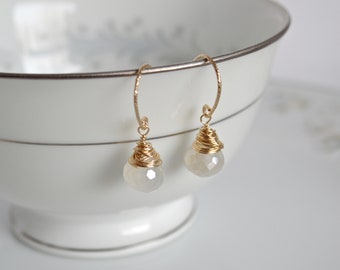 Pearl chalcedony and gold wire wrapped dangle earrings, gift for her, genuine gemstone earrings, short dangle earrings