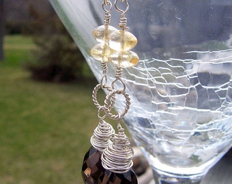 Smoky quartz and citrine sterling silver wire wrapped earrings citrine jewelry, smoky quartz jewelry, genuine gemstone jewelry