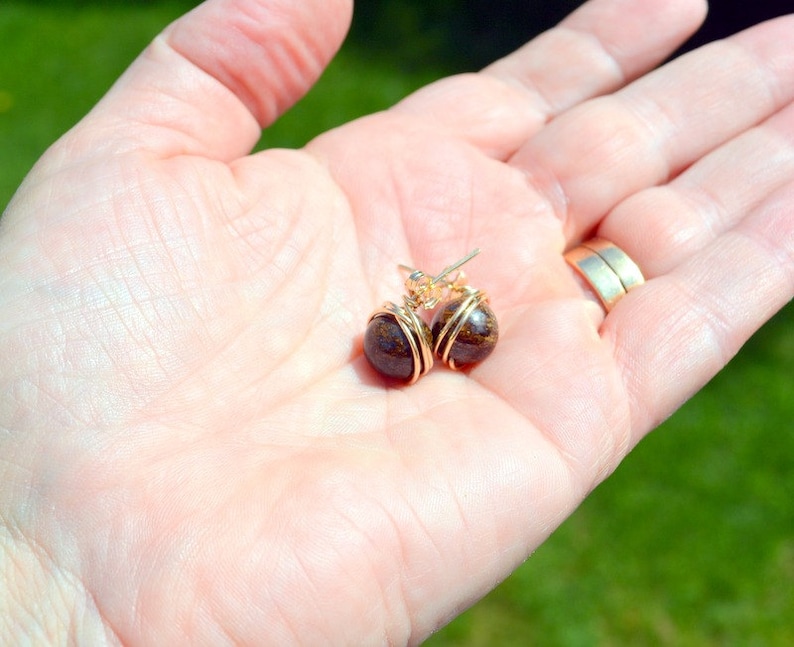 bronzite earrings gold post earrings Bronzite and gold wire wrapped stud earrings bronzite jewelry