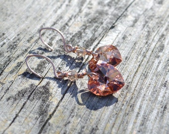 Crystal heart and rose gold dangle earrings, rose gold jewelry, heart shaped jewelry, valentines day