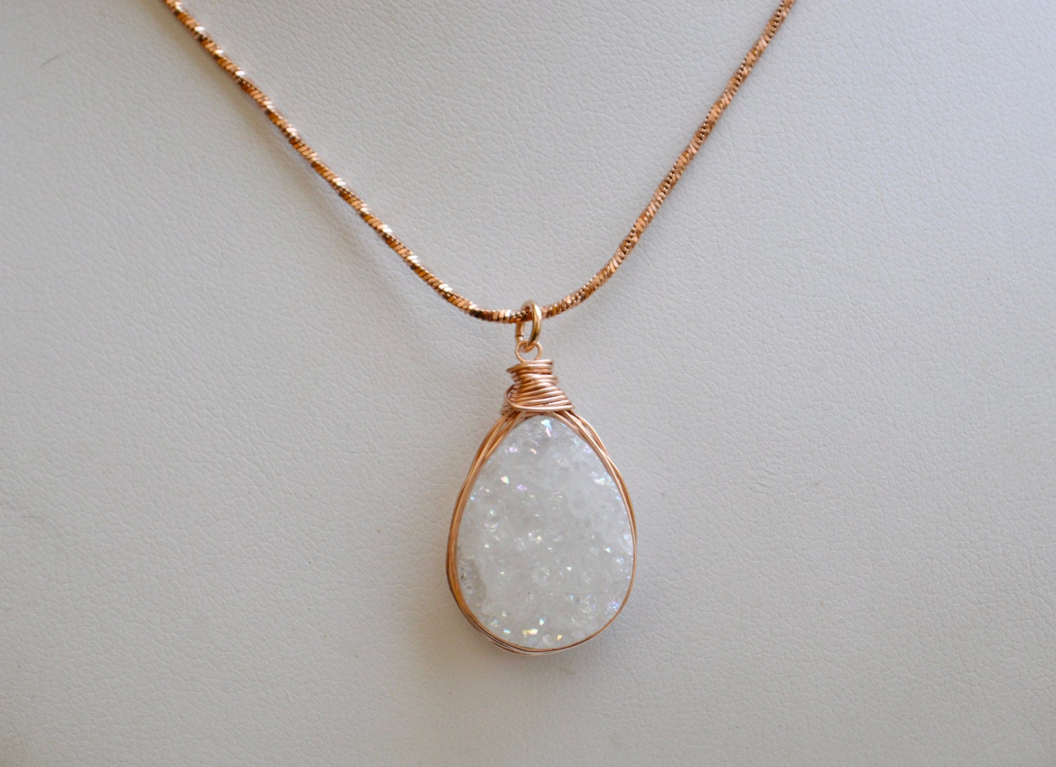 White Druzy and Rose Gold Wire Wrapped Teardrop Pendant Wedding ...