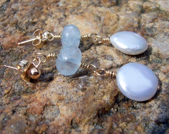 Aquamarine and freshwater pearl gold wire wrapped stud earrings wedding  jewelry bridal jewelry