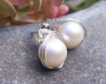 Pearl and sterling silver wire wrapped post earrings, stud earrings, wedding earrings