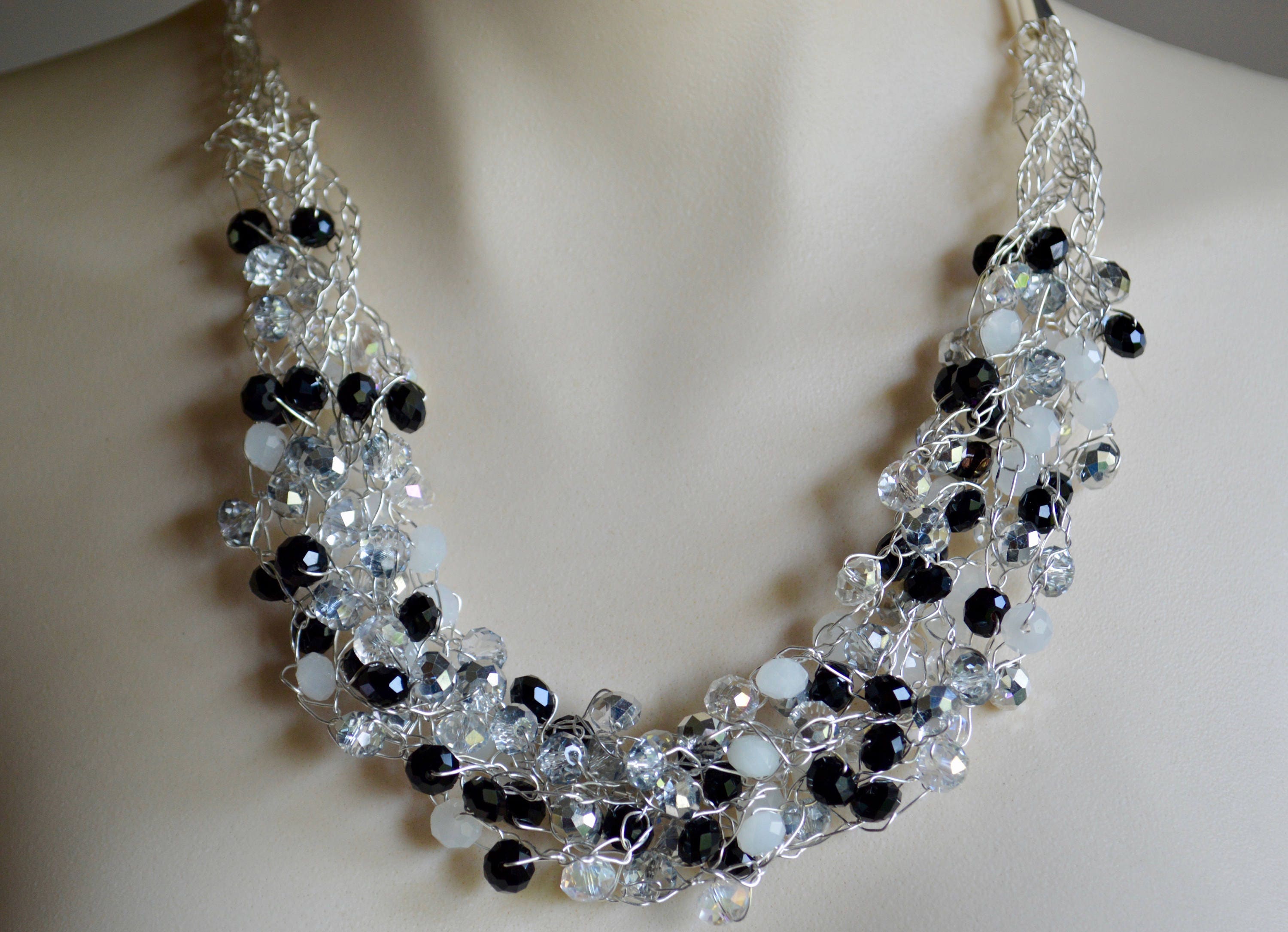Black and Clear Crystal Wire Crochet Necklace and Silver - Etsy Canada
