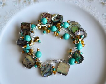 Abalone turquoise and crystal sterling silver bracelet, abalone bracelet, abalone jewelry, turquoise jewelry, turquoise bracelet