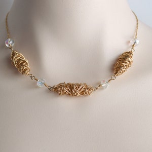 Gold and crystal twisted bead necklace, gold necklace, gold statement necklace, crystal necklace, gold jewelry, free shipping image 1