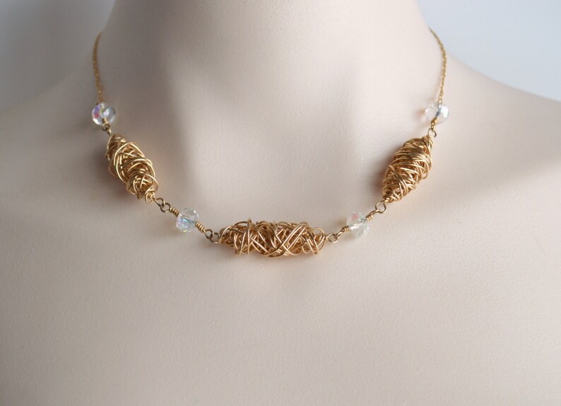 Gold and crystal twisted bead necklace, gold necklace, gold statement necklace, crystal necklace, gold jewelry, free shipping image 1