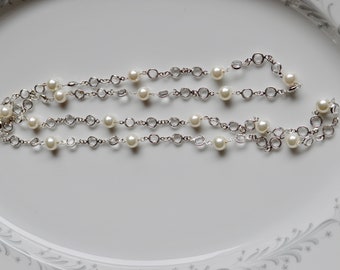 Swarovski and pearl sterling silver station necklace, genuine swarovski necklace, gift for her, white pearl necklace