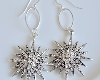 Crystal moon and stars silver dangle earrings, celestial earrings, celestial jewelry, sparkling statement earrings, gift for her
