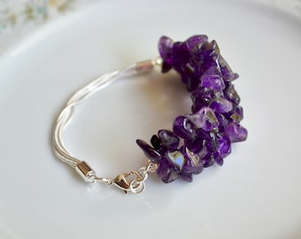 Pulseira de punho de prata com pepita de pedra preciosa de ametista, joias de pedras preciosas genuínas, pulseira robusta, pedra de nascimento de fevereiro