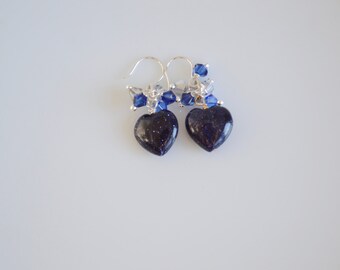 Blue goldstone heart and crystal dangle earrings, valentines day jewelry, heart earrings, goldstone jewelry