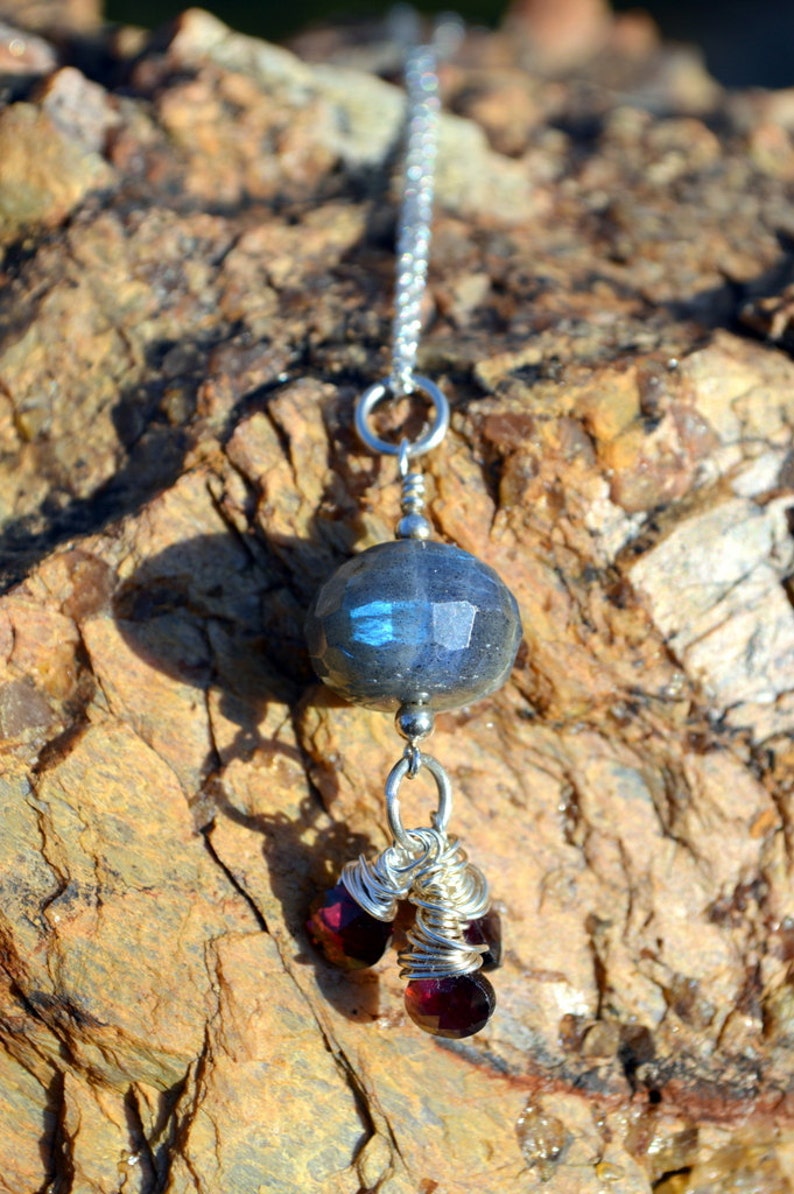 Labradorite and garnet sterling silver necklace, garnet jewelry, genuine gemstone image 1