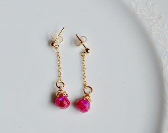 Ruby moonstone and gold dangle earrings, moonstone jewelry, genuine gemstone earring, gift for her