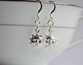 Sterling silver sun earrings, face earrings, sun jewelry, short dangle earrings, celestial jewelry