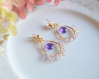 Ametrine and amethyst gold wire wrapped hoop earrings, ametrine jewelry, February birthstone