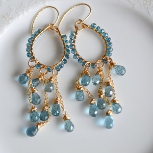 London Blue Topaz and gold wire wrapped chandelier earrings, genuine gemstone, gift for her, london blue topaz jewelry