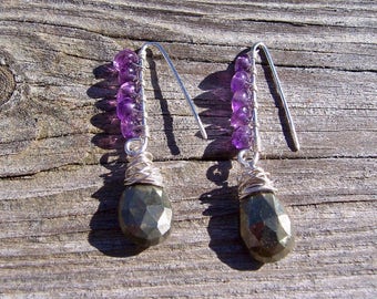 Amethyst and pyrite sterling silver dangle earrings, amethyst jewelry, pyrite jewelry, genuine gemstone earrings