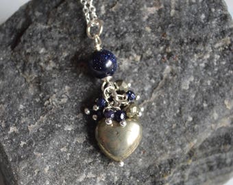 Pyrite and blue goldstone heart necklace, pyrite jewelry, gift for her, mothers day gift, fools gold, valentines day, heart necklace