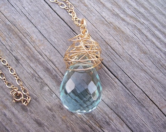 Blue quartz and gold wire wrapped pendant, quartz jewelry, gift for her, gold jewelry