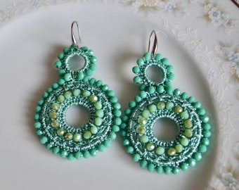 Crochet beaded boho hoop earrings, crochet jewelry, large hoop earrings, turquoise earring, black earring, gift for her