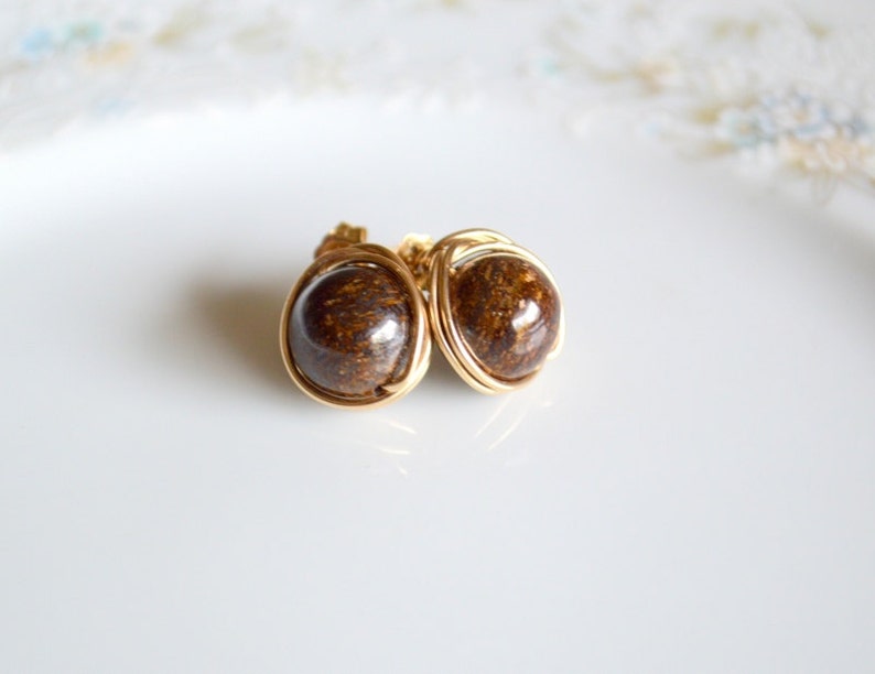 bronzite earrings gold post earrings Bronzite and gold wire wrapped stud earrings bronzite jewelry