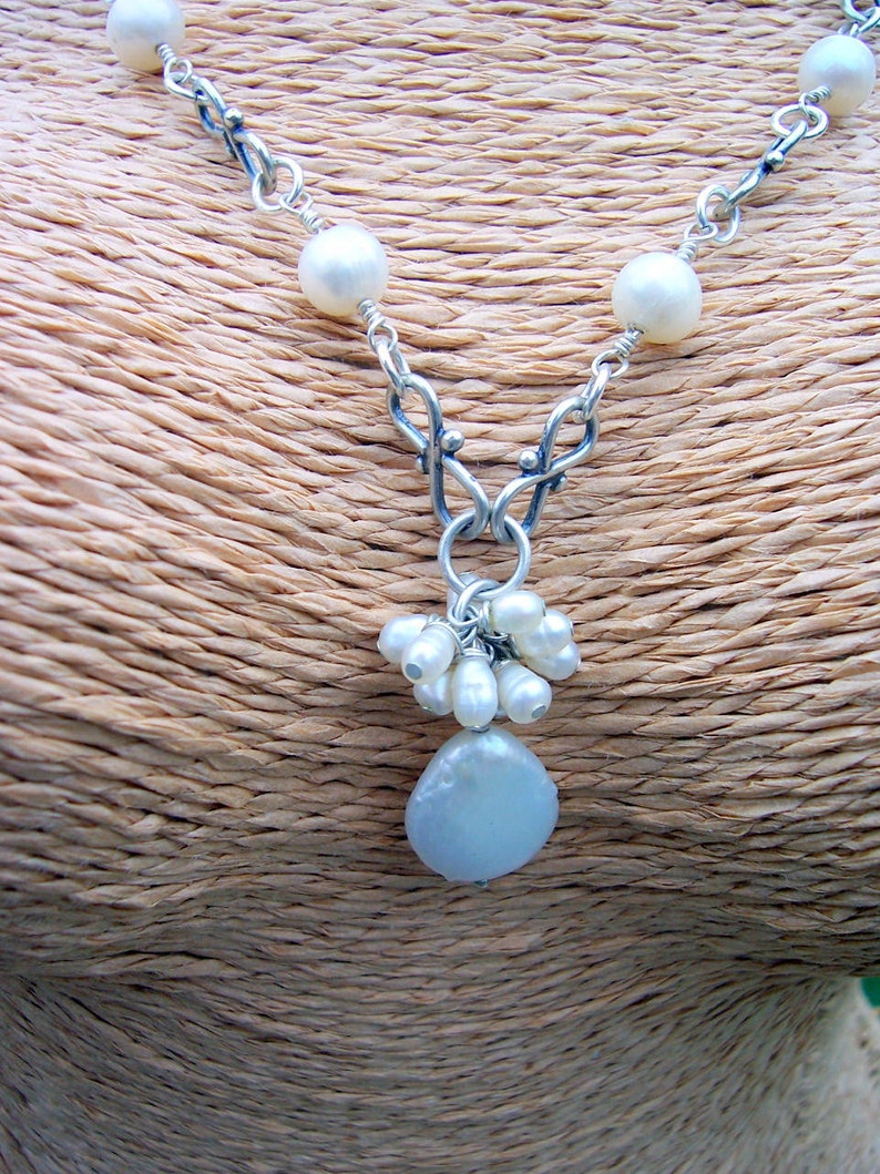 Pearl and sterling silver wire wrapped necklace, bridal jewelry, wedding jewelry, Mothers Day image 3