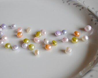 Pastel pearl three strand illusion necklace, floating pearl necklace, pearl jewellery