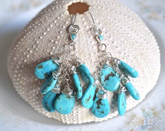 Turquoise and sterling silver chandelier cluster earrings, genuine southwest turquoise jewelry, gift for her, genuine gemstone