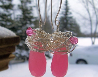 Pink candy jade and sterling silver wire wrapped earrings, jade jewelry, valentines day