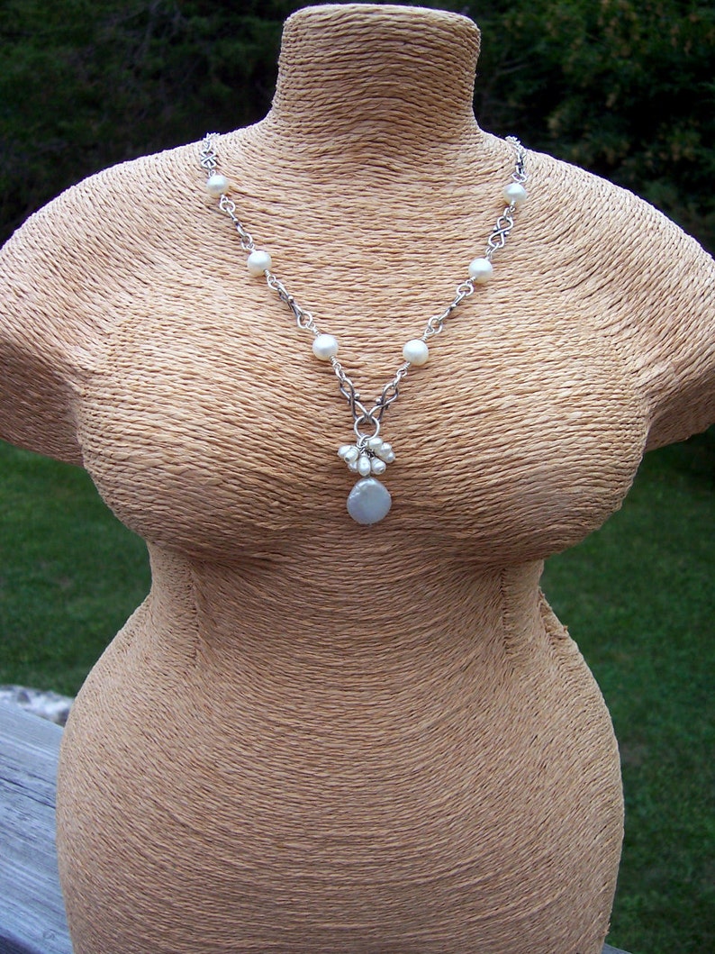 Pearl and sterling silver wire wrapped necklace, bridal jewelry, wedding jewelry, Mothers Day image 2