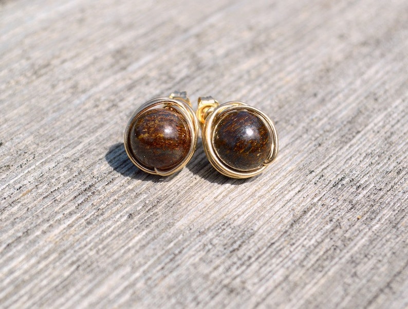 bronzite earrings gold post earrings Bronzite and gold wire wrapped stud earrings bronzite jewelry