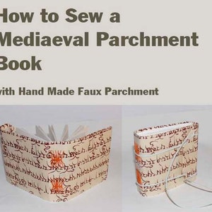 Puede incluir: C&oacute;mo coser un libro de pergamino medieval con pergamino falso hecho a mano. Una gu&iacute;a paso a paso para crear un libro con una cubierta de pergamino falso. El libro est&aacute; cerrado y atado con un cord&oacute;n blanco.