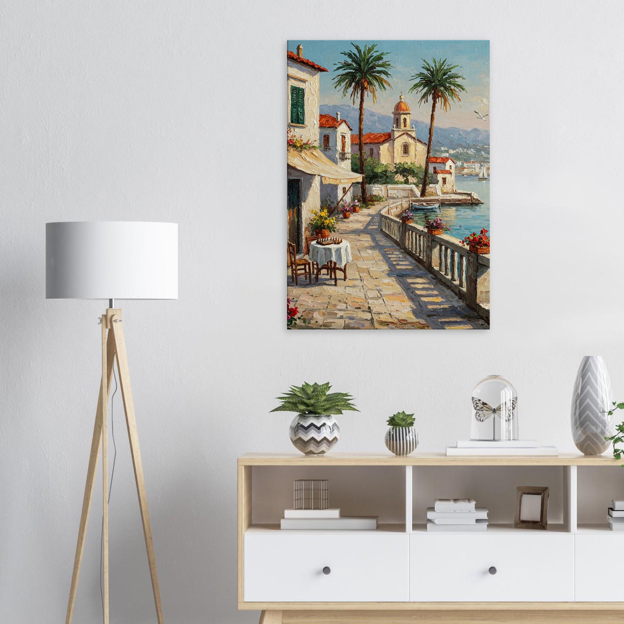 Italian Seaside Canvas Print, Mediterranean Harbor With Chess Table Art ...