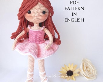 Patrón de muñeca de ganchillo, Giselle. Tutorial digital en PDF de amigurumi de bailarina en inglés con accesorios adicionales.