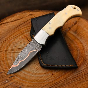 Personalized Copper Damascus Steel Pocket Folding Knife Handmade Copper Anniversary Gift Knife HandForged Folding Blade Knife Groomsman Gift