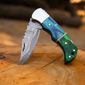 Personalized Copper Damascus Steel Pocket Folding Knife Handmade Copper Anniversary Gift Knife HandForged Folding Blade Knife Groomsman Gift