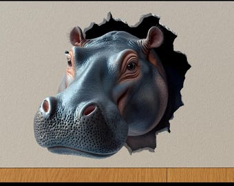 Sticker muurgat gluren nijlpaard 3D decor dieren in het wild