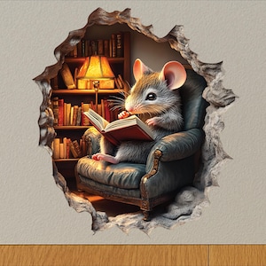 May include: A whimsical illustration depicts a mouse reading a book while seated in a blue armchair. The scene is set within a wall opening, revealing a cozy library with a warm lamp and bookshelves filled with books. The mouse is the focal point.