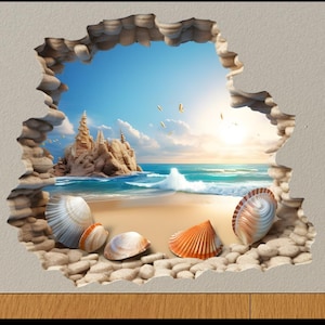 May include: A wall art piece depicting a beach scene visible through a hole in a wall. The scene includes a sandy beach, ocean waves, and seashells. The sky is blue with clouds and a bright sun.