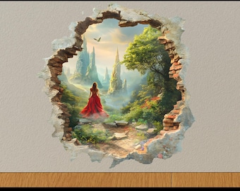 3D-sprookjesprinses landschap muurgat sticker fantasie decor