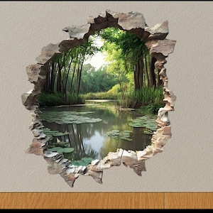 May include: A trompe-l'oeil wall decal featuring a serene pond scene framed by a faux stone border. The image shows a tranquil body of water with lily pads, surrounded by lush green trees, creating a 3D effect.