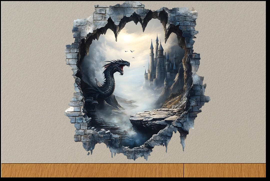 3D Dragon Castle Wall Decal - Fantasy Wall Hole Sticker - Etsy