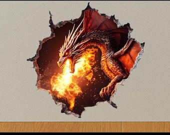 3D Fire Dragon Wall Hole Sticker Fantasy Dragon Wall Decor