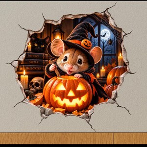 May include: A wall decal featuring a 3D-style hole revealing a brown mouse wearing a black witch hat with a pumpkin accent. The mouse is carving a glowing orange jack-o'-lantern. The scene includes books labeled Potions, Spells, and Halloween, a black cat, candles, and a skull against a moonlit window background.
